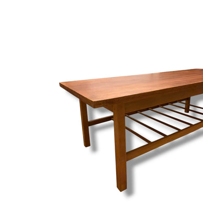 Danish Teak Coffee Table – Mid Century Vintage 1960s Solid Teak Top with Slatted Shelf