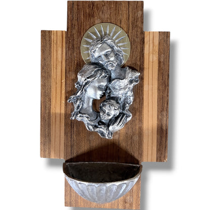 Miniature Holy Water Font – Vintage Wooden Wall Mounted Stoup with Silver Tone Relief Basin — view 3
