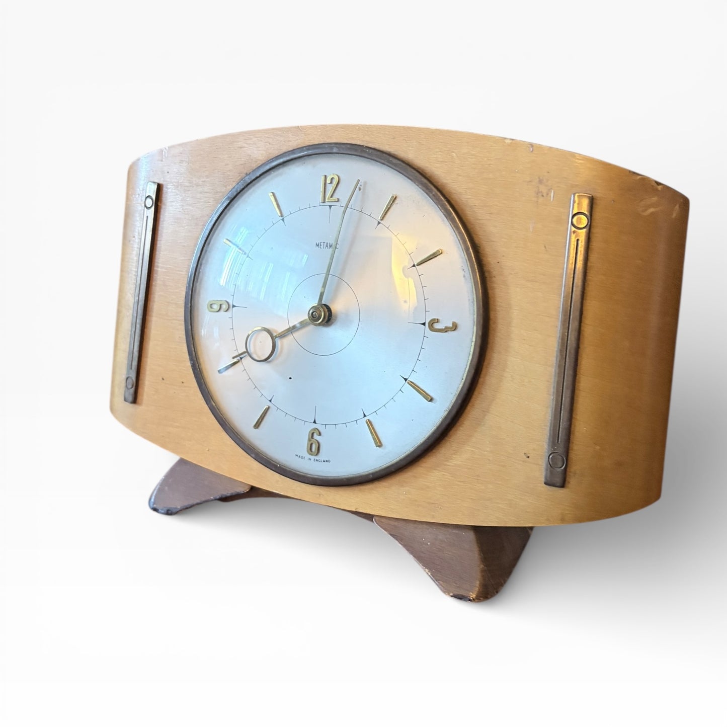 Mid-Century Metamec Mantel Clock – Brass & Wood Case, Made in England