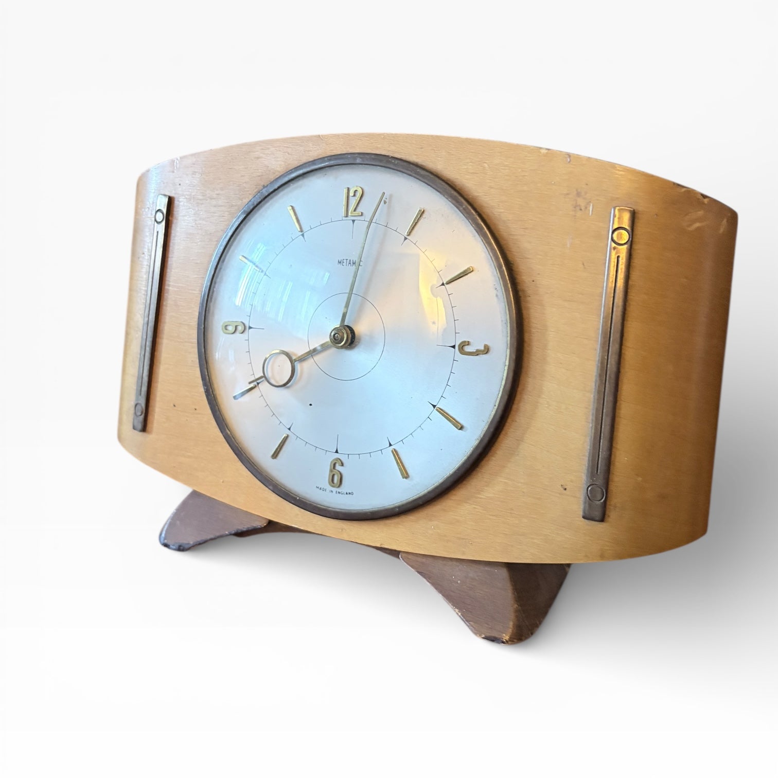 Mid-Century Metamec Mantel Clock – Brass & Wood Case, Made in England