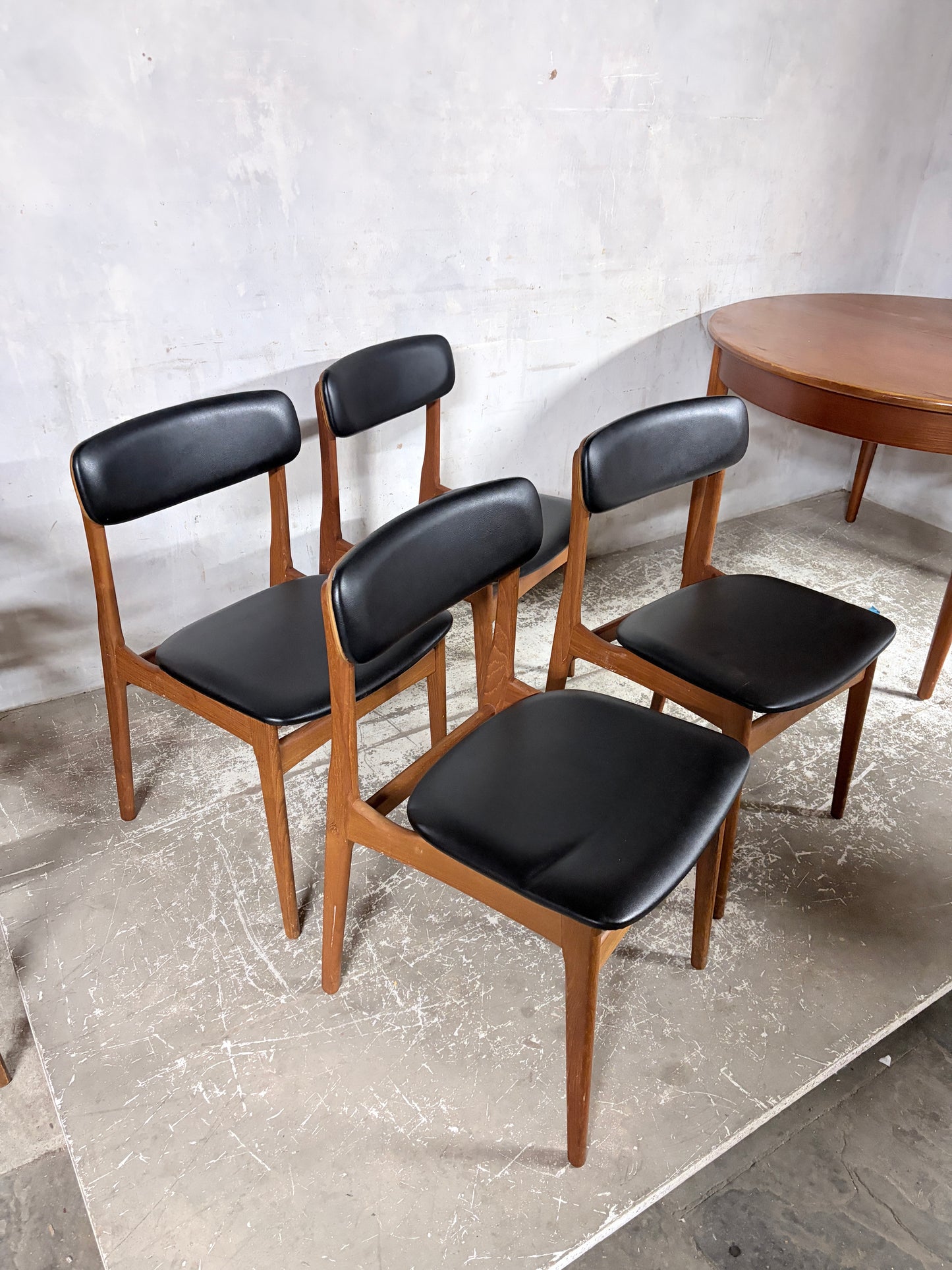 Mid Century Danish Teak Dining Chairs – Set of 4 Black Vinyl Seats