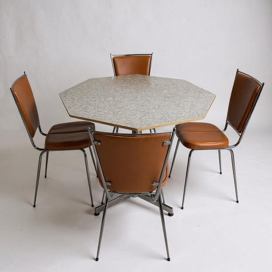 Mid Century Modern Hexagonal Formica Dining Table and French Leatherette Chairs Set
