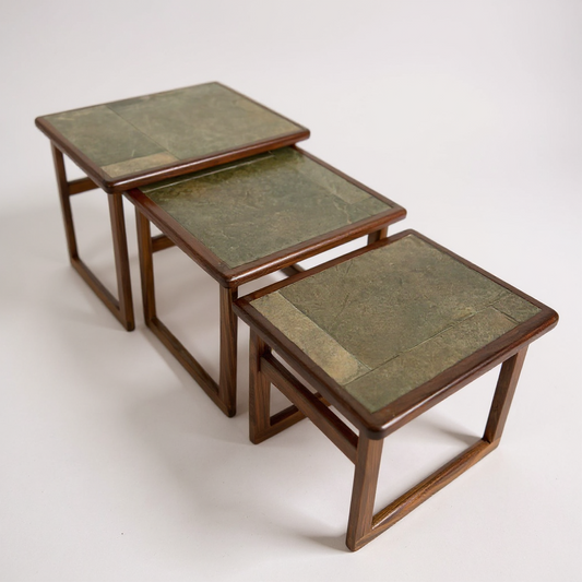 Mid Century Danish Nest of Tables | Vintage Tiled Teak Side Tables Set of 3
