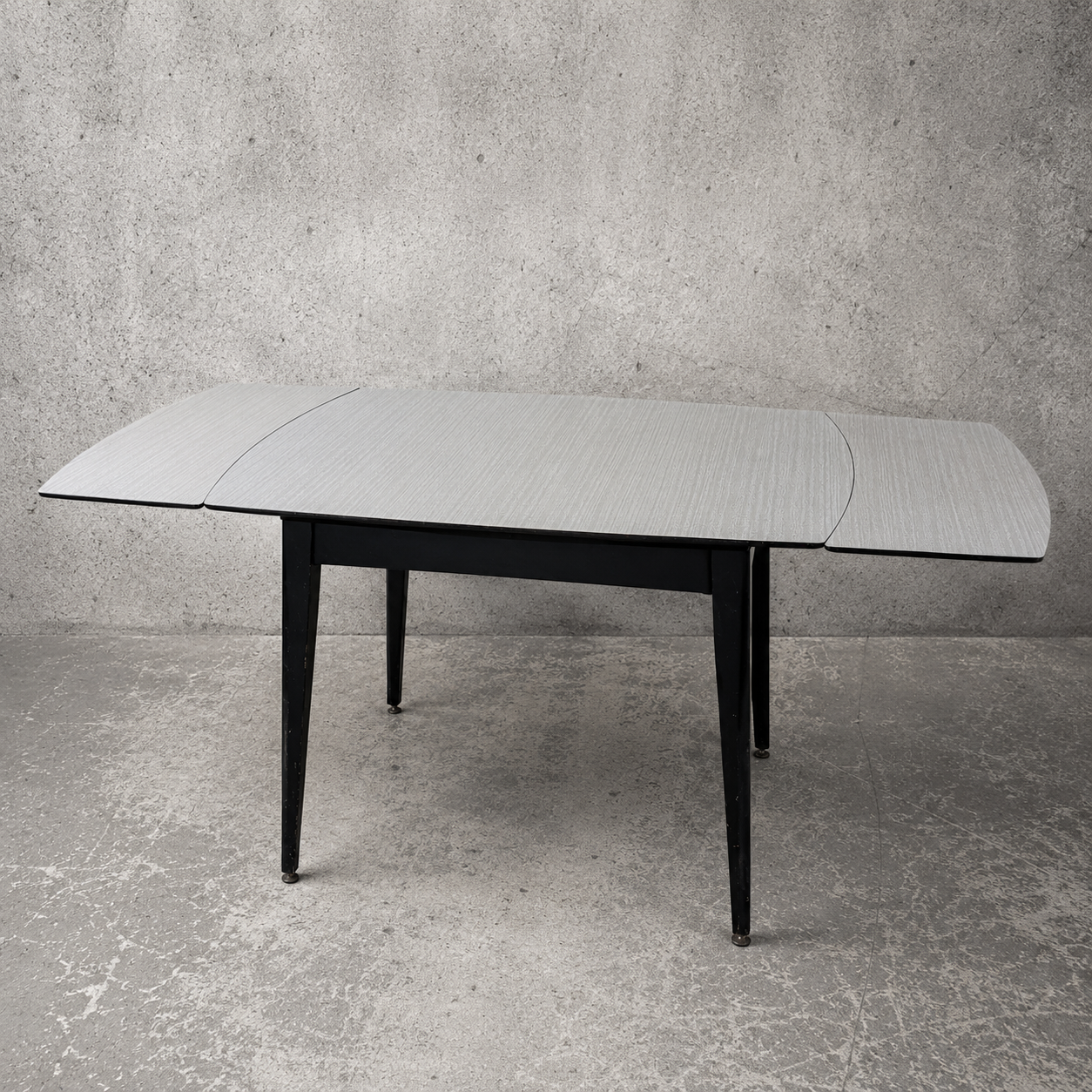 Mid Century Space Age Black & White Formica Draw Leaf Extending Dining Table