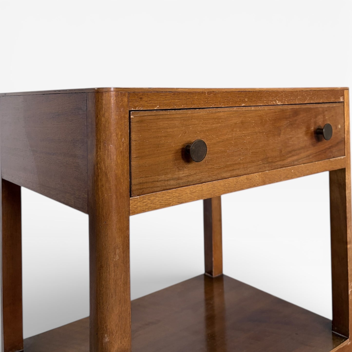 Art Deco Bedside Table – Walnut Nightstand with Drawer & Open Shelf, 1930s Design