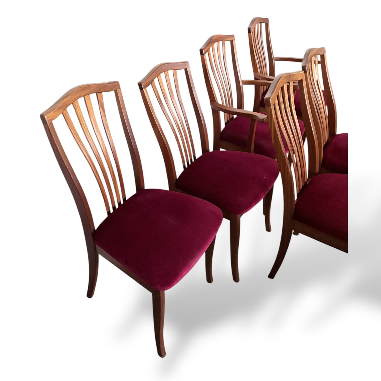 Set of 6 Vintage Teak Dining Chairs with Red Upholstery (2 Carvers + 4 Dining Chairs)