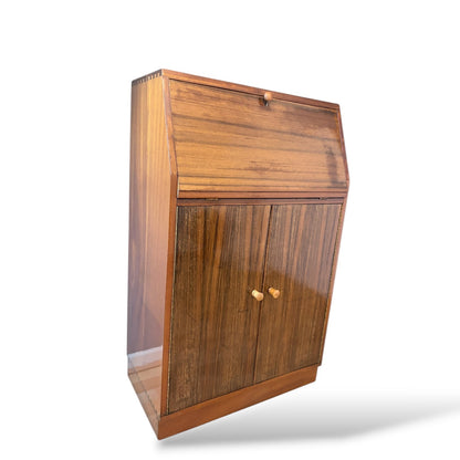 Mid Century Teak & Walnut Bureau Desk by Morris of Glasgow – Drop Front Writing Cabinet