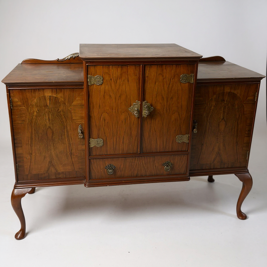 Queen Anne Walnut Sideboard | Vintage Drinks Cabinet with Brass Hardware