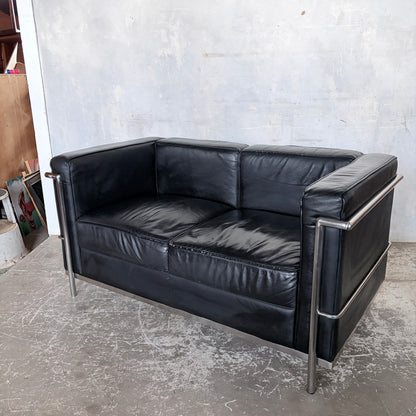 Mid Century Black Leather & Chrome Two Seater Sofa | Le Corbusier LC2 Style