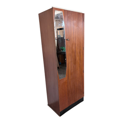 Mid Century Atomic Teak Single Wardrobe with Mirror Door – Compact Hanging Cabinet