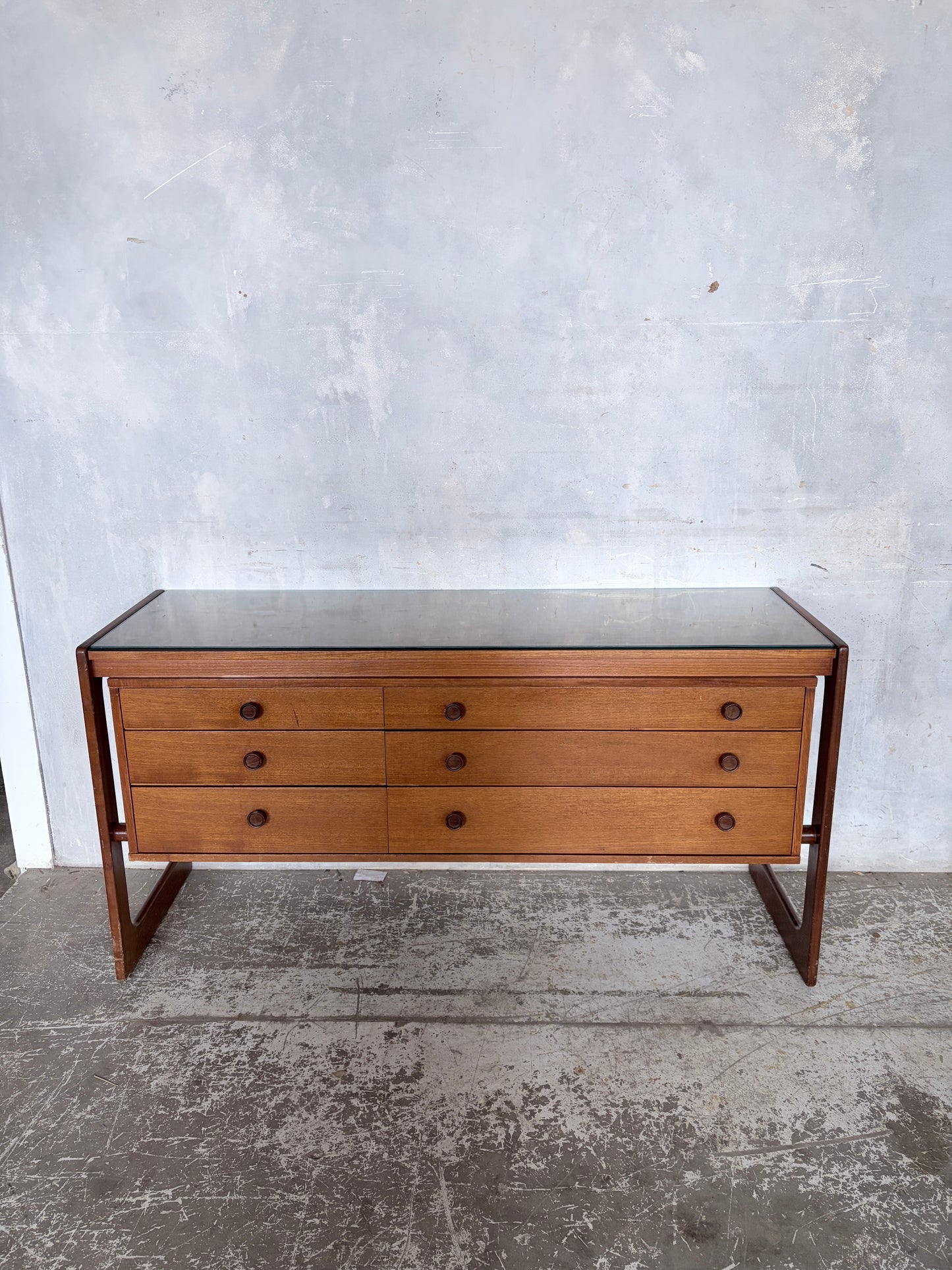 Mid Century William Lawrence Teak Sleigh Leg Chest of Drawers