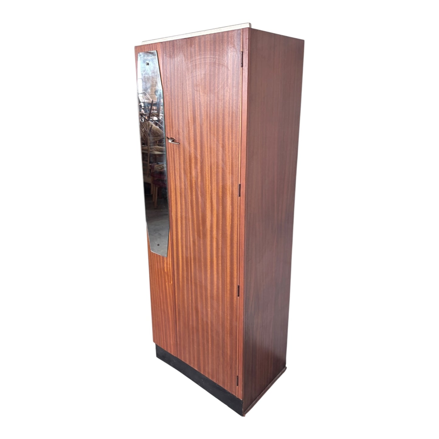 Mid Century Atomic Teak Single Wardrobe with Mirror Door – Compact Hanging Cabinet
