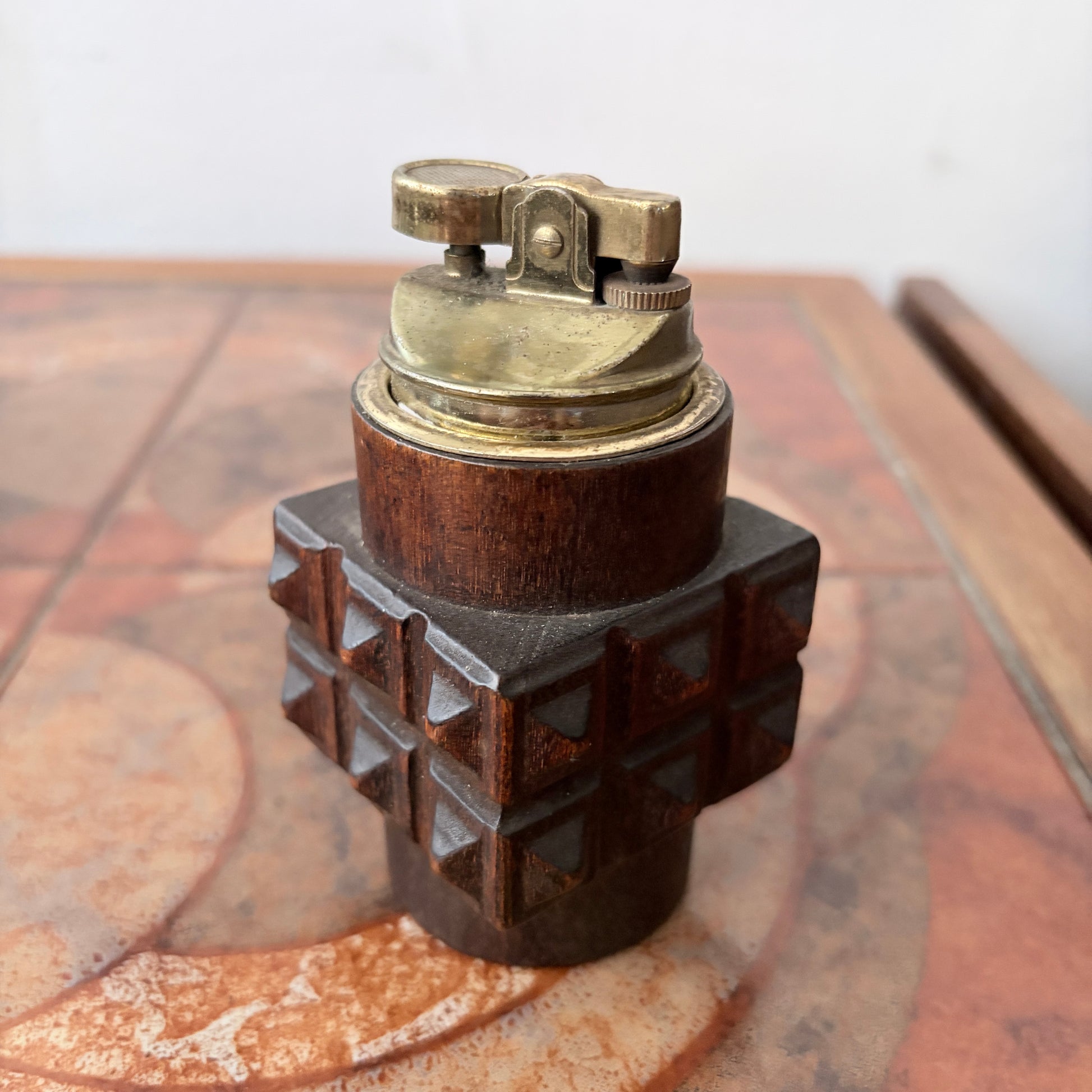 Vintage Brutalist Carved Wood Table Lighter – Mid-Century