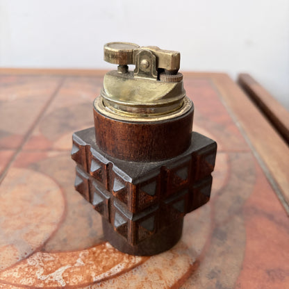 Vintage Brutalist Carved Wood Table Lighter – Mid-Century