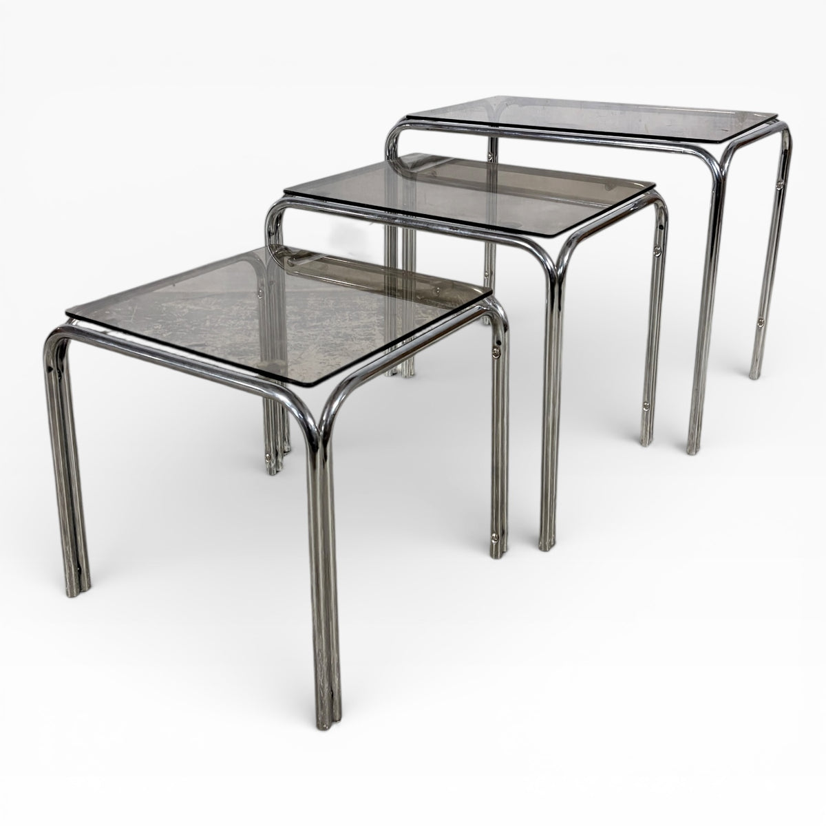 Mid Century Smoked Glass & Tubular Chrome Nest of Tables