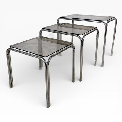 Mid Century Smoked Glass & Tubular Chrome Nest of Tables