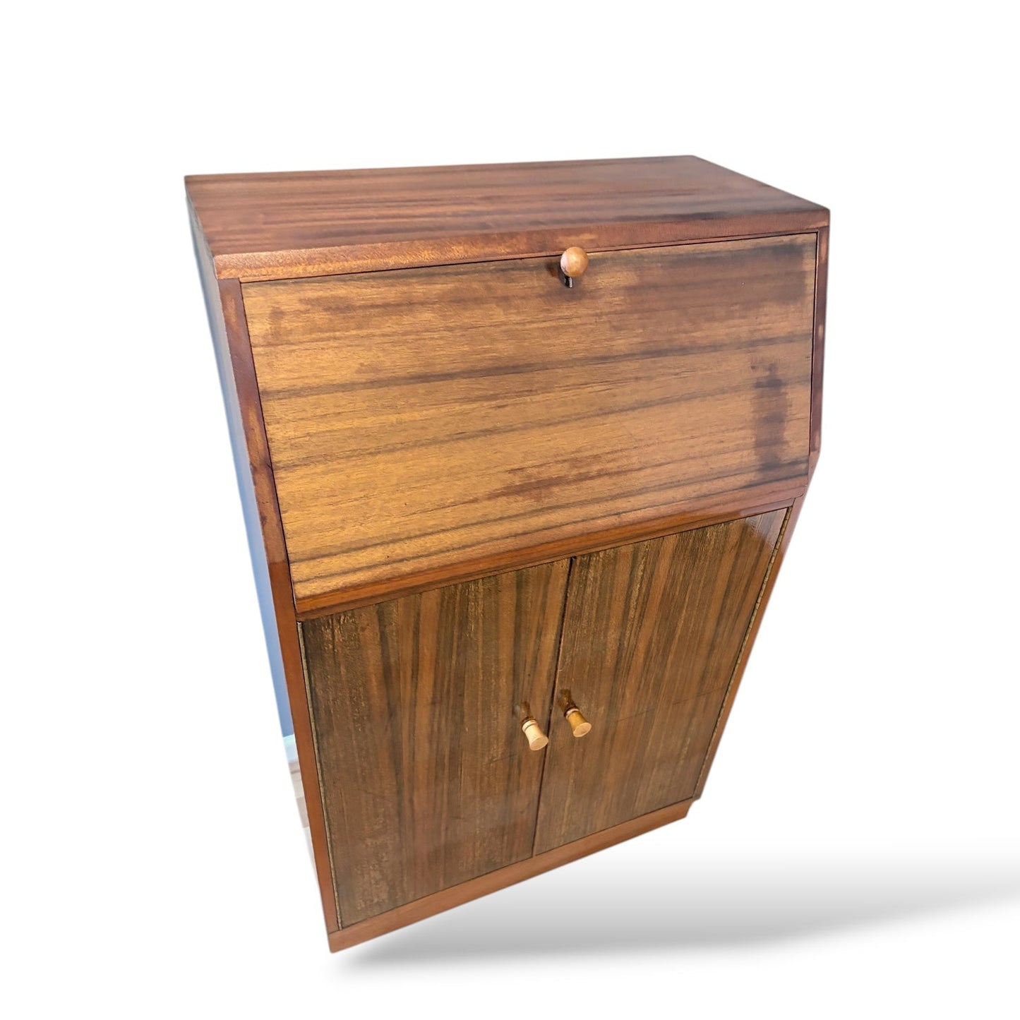 Mid Century Teak & Walnut Bureau Desk by Morris of Glasgow – Drop Front Writing Cabinet