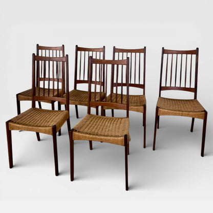 Arne Hovmand-Olsen MK200 Dining Chairs Set of 6 Danish Mid Century Teak & Paper Cord Chairs