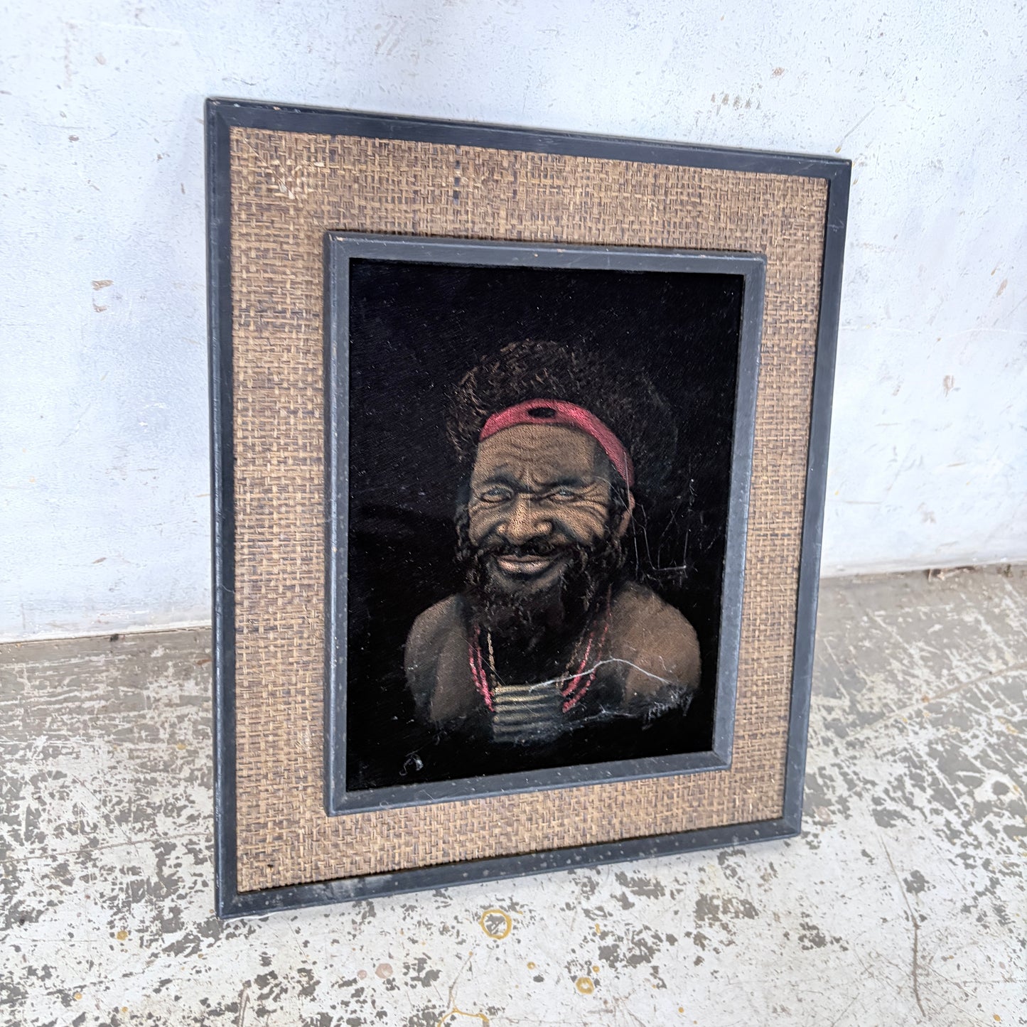 Vintage Papuan Highlander Portrait Painting in Original Hessian Frame