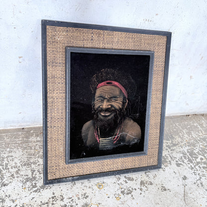 Vintage Papuan Highlander Portrait Painting in Original Hessian Frame