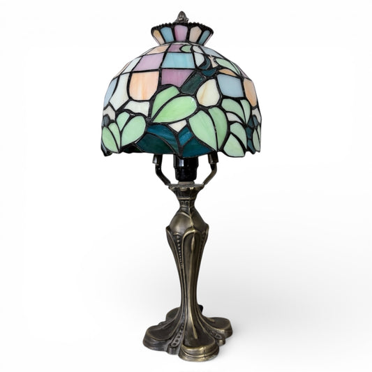 Tiffany Stained Glass Lamp – Vintage Table Lamp with Pastel Floral Shade & Bronze Base