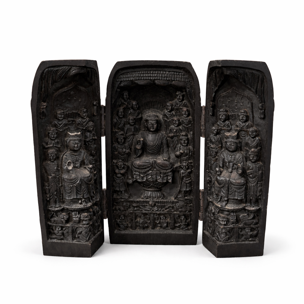 Vintage Hand-Carved Wooden Buddhist Triptych Shrine / Folding Altar