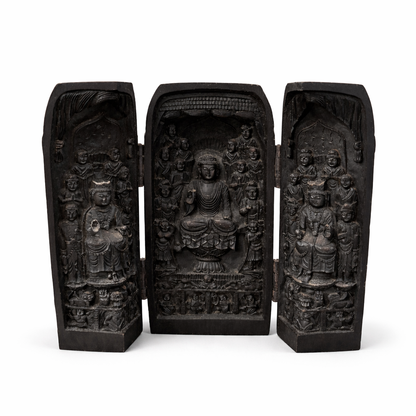 Vintage Hand-Carved Wooden Buddhist Triptych Shrine / Folding Altar