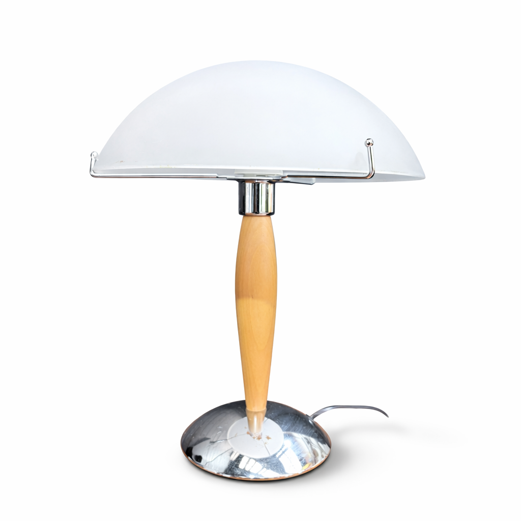 Vintage IKEA Teak, Chrome & Frosted Glass Table Lamp – Mid Century