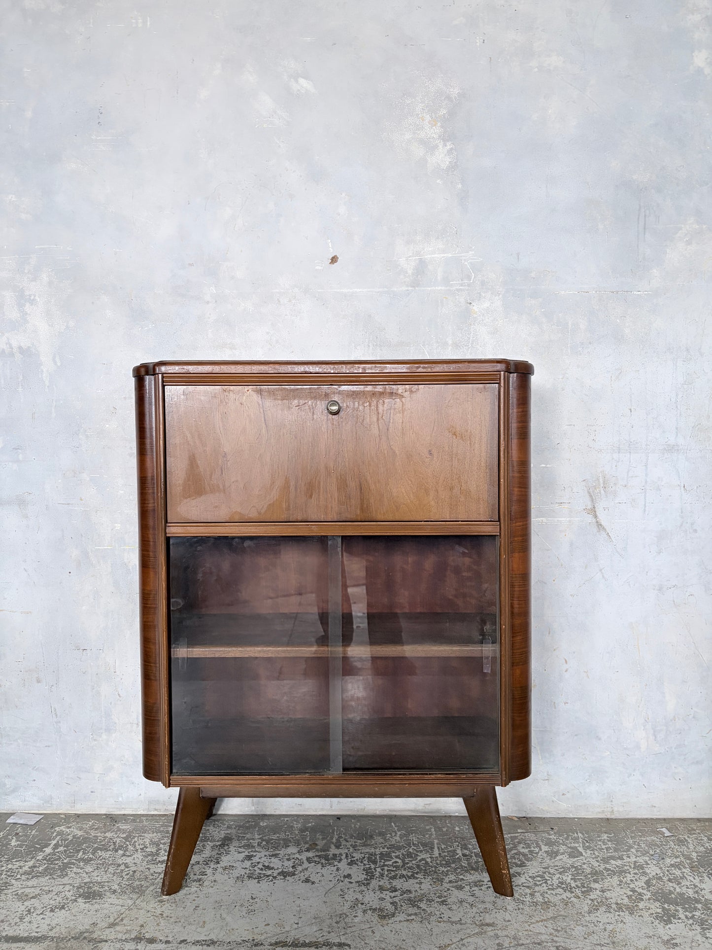 Art Deco Walnut Bureau Drinks Cabinet with Glazed Display