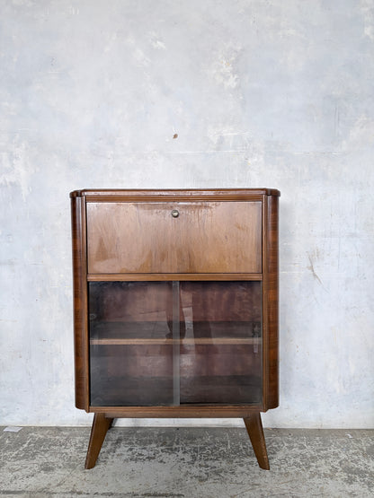 Art Deco Walnut Bureau Drinks Cabinet with Glazed Display