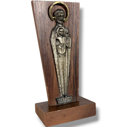Mid Century Religious Sculpture – St Joseph Statue with Christ Child on Solid Wood Plinth