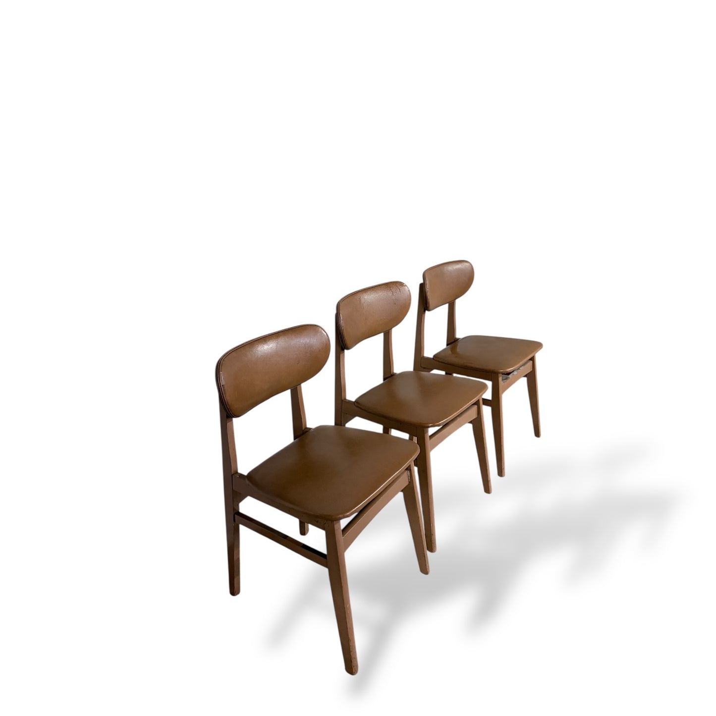 Set of Three Schreiber Dining Chairs – Mid Century Teak & Vinyl Chairs