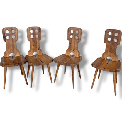 Folk Brutalist Chairs | Solid Wood Mid Century Dining Set of Four | Hand Carved