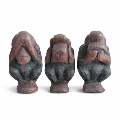 Vintage Hand-Carved Wooden “Three Wise Monkeys” Sculptures – Set of Three