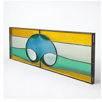 Vintage Stained Glass Window Panel – Geometric Leaded Glass in Green, Amber & Blue