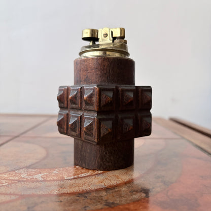 Vintage Brutalist Carved Wood Table Lighter – Mid-Century