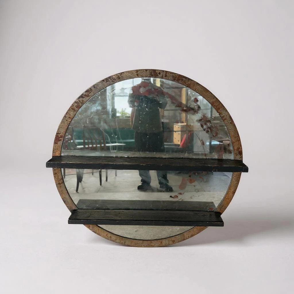 Antique Large Industrial Circular Mirror with Shelves — view 2
