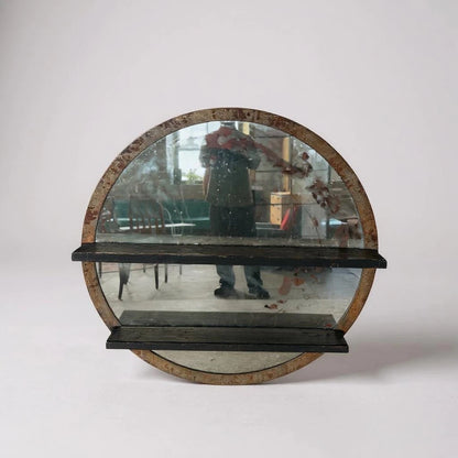 Antique Large Industrial Circular Mirror with Shelves — view 2