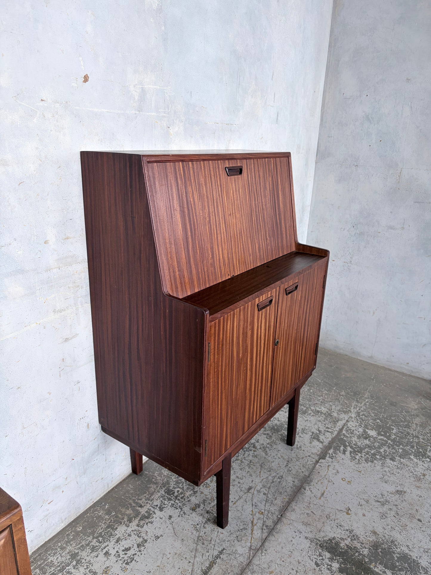 Mid Century Walnut & Teak Bureau Desk Cabinet