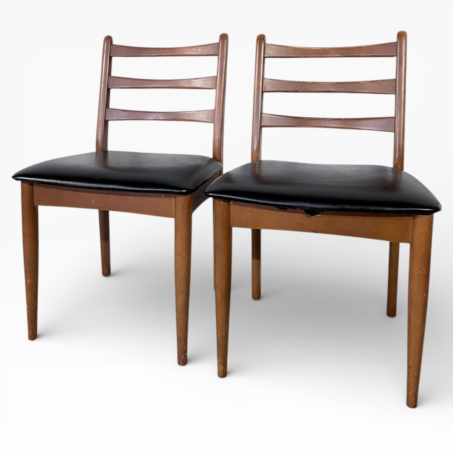 Mid Century Dining Chairs – Teak Ladder Back with Black Vinyl Seats, Vintage Comfort