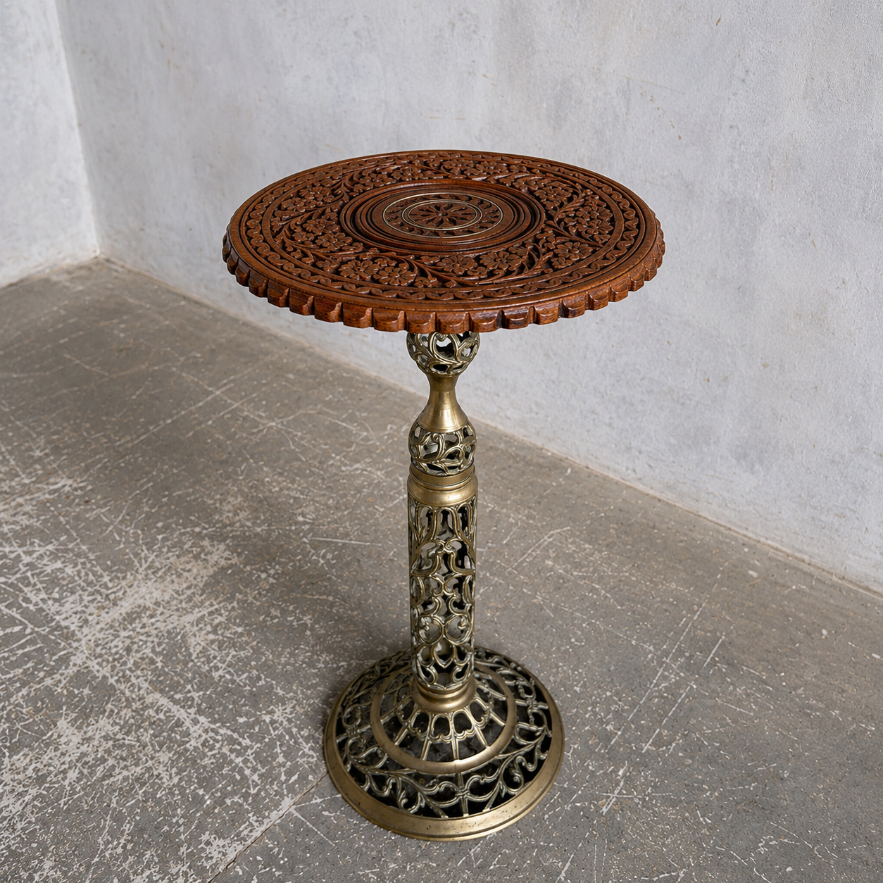 Antique Hand-Carved Wooden & Brass Plant Stand | Indian Carved Pedestal Side Table