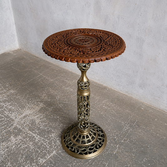 Antique Hand-Carved Wooden & Brass Plant Stand | Indian Carved Pedestal Side Table