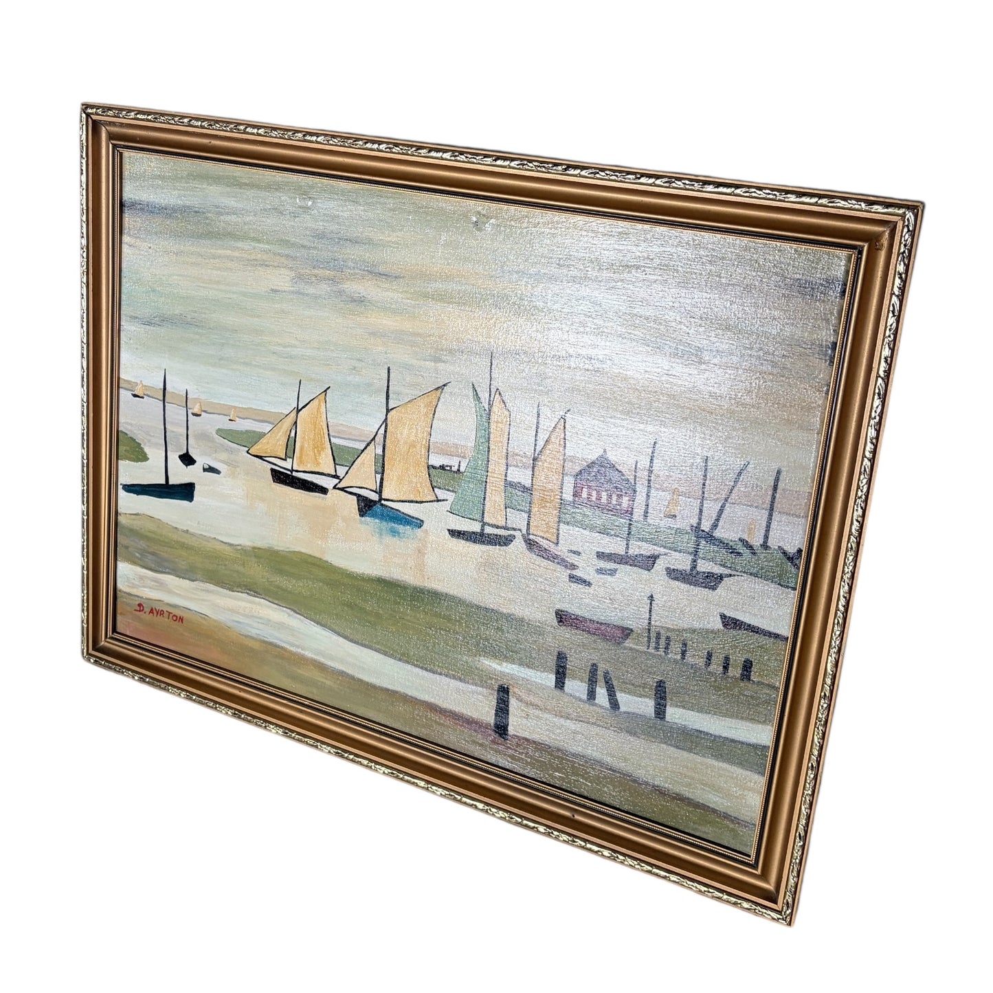 Vintage Coastal Harbour Painting by D. Ayrton – Sailboats & Shoreline in Ornate Gold Frame