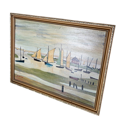 Vintage Coastal Harbour Painting by D. Ayrton – Sailboats & Shoreline in Ornate Gold Frame