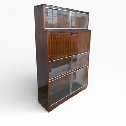 Vintage Stacking Bookcase With Drop Front Bureau & Glass Sliding Doors - Mid Century Furniture