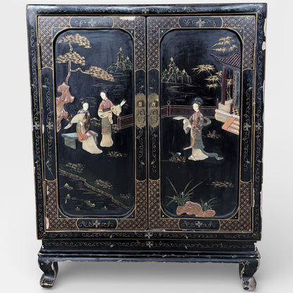 Chinese Black Lacquer Cocktail Cabinet with Mother of Pearl Inlay