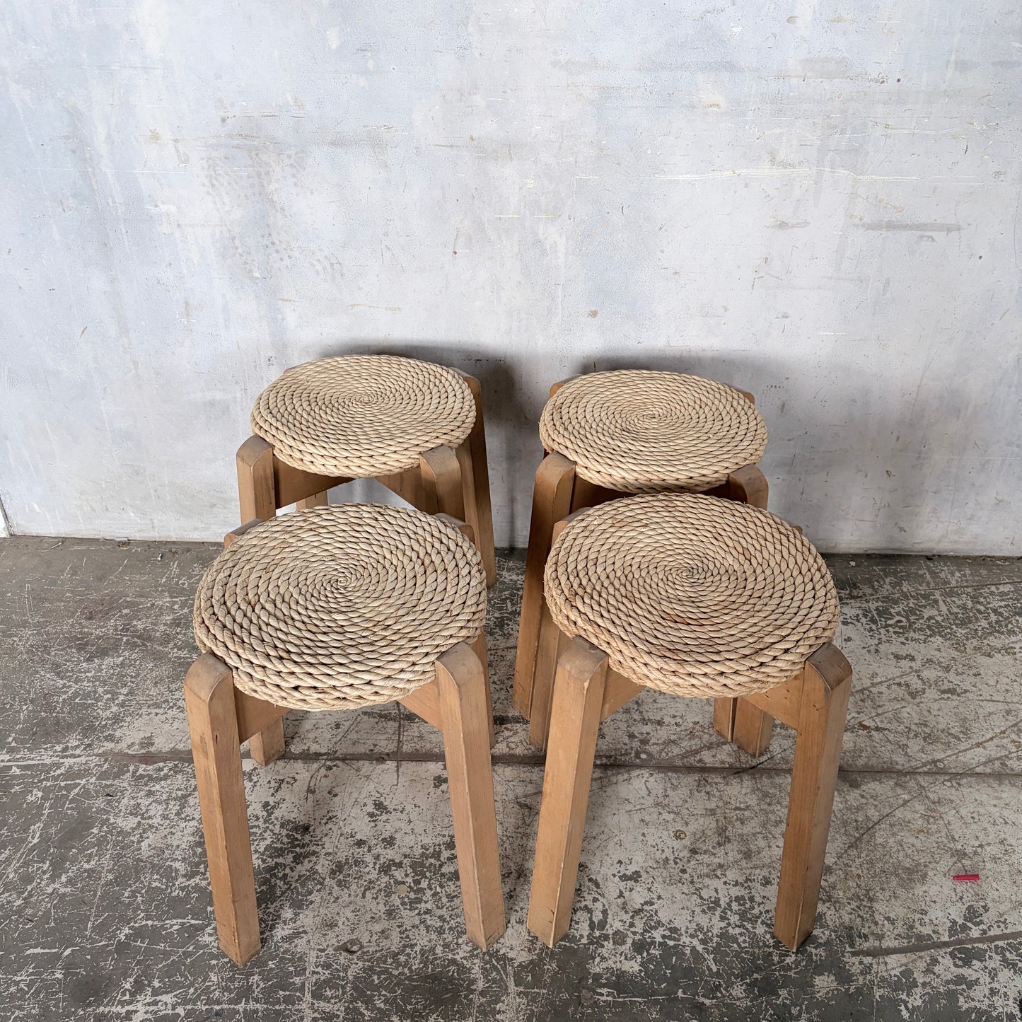 Mid Century Set of Four Stackable Rush Woven Stools