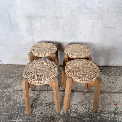 Mid Century Set of Four Stackable Rush Woven Stools