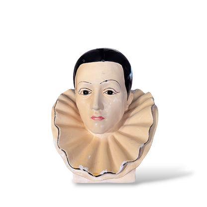 Pierrot Plaster Bust – Hand-Painted Vintage Art Statue With Aged Finish