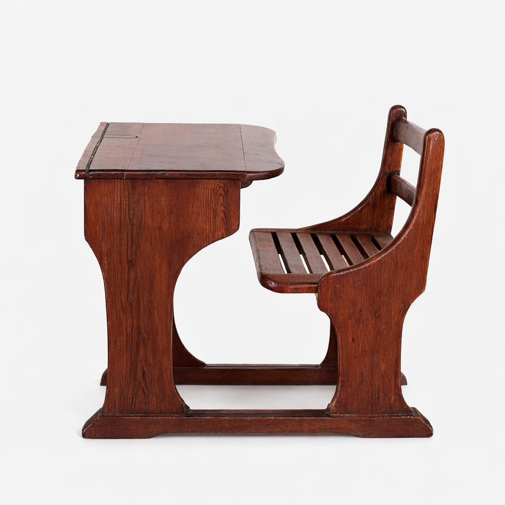 Antique Pine School Desk with Attached Bench